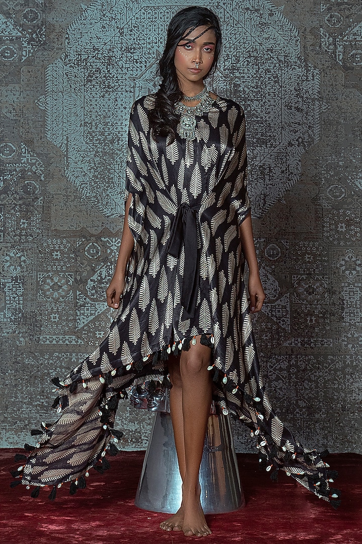 Black & Off-White Modal Ajrakh Block Printed Asymmetrical Summer Dress by Nidhika Shekhar at Pernia's Pop Up Shop
