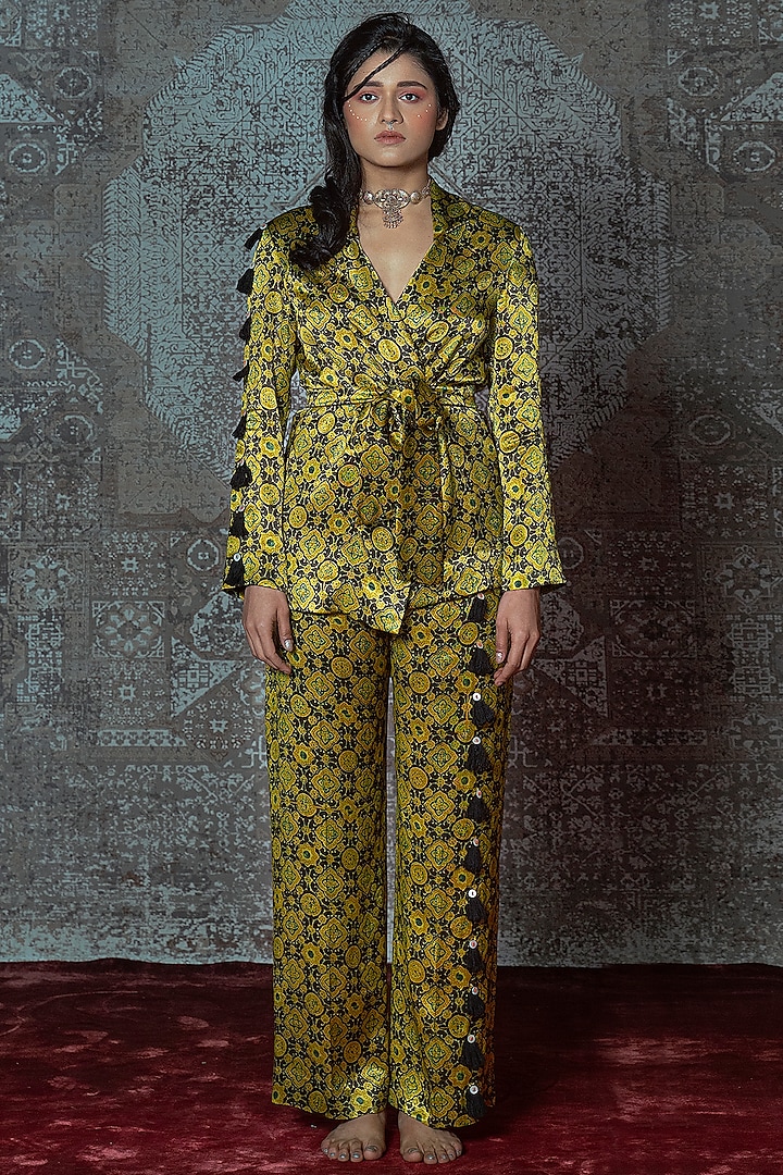 Yellow Printed Blazer Set by Nidhika Shekhar