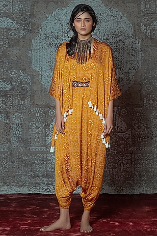 Mustard & Off White Printed Draped Jumpsuit With Belt by Nidhika Shekhar