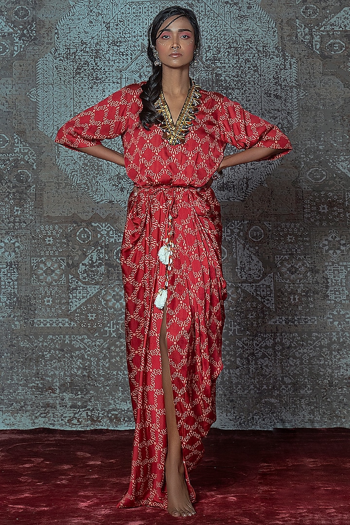 Red & Off White Printed Draped Dress by Nidhika Shekhar