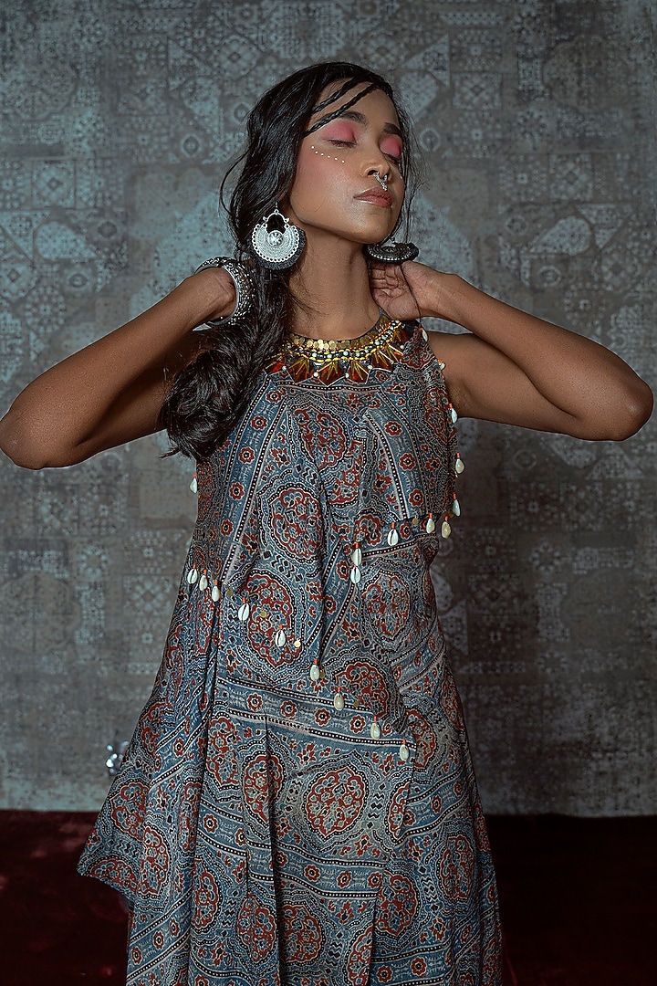 Cobalt Blue Modal & Chanderi Ajrakh Block Printed Draped Vacation Dress by Nidhika Shekhar at Pernia's Pop Up Shop