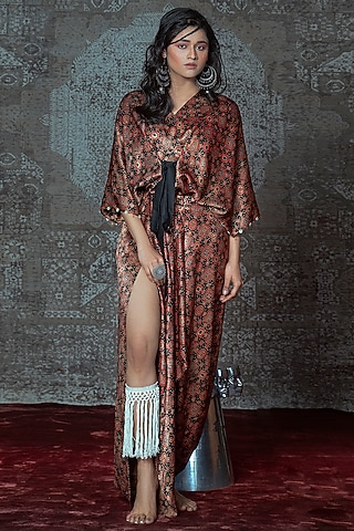 Maroon & Black Printed Draped Top With Skirt by Nidhika Shekhar