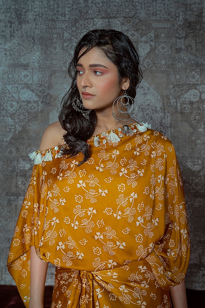 Yellow & Off-White Modal Ajrakh Block Printed Off-Shoulder Wrap Vacation Dress by Nidhika Shekhar at Pernia's Pop Up Shop