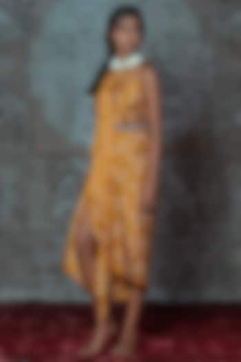 Yellow & Off White Printed Draped Dress WIth Belt by Nidhika Shekhar