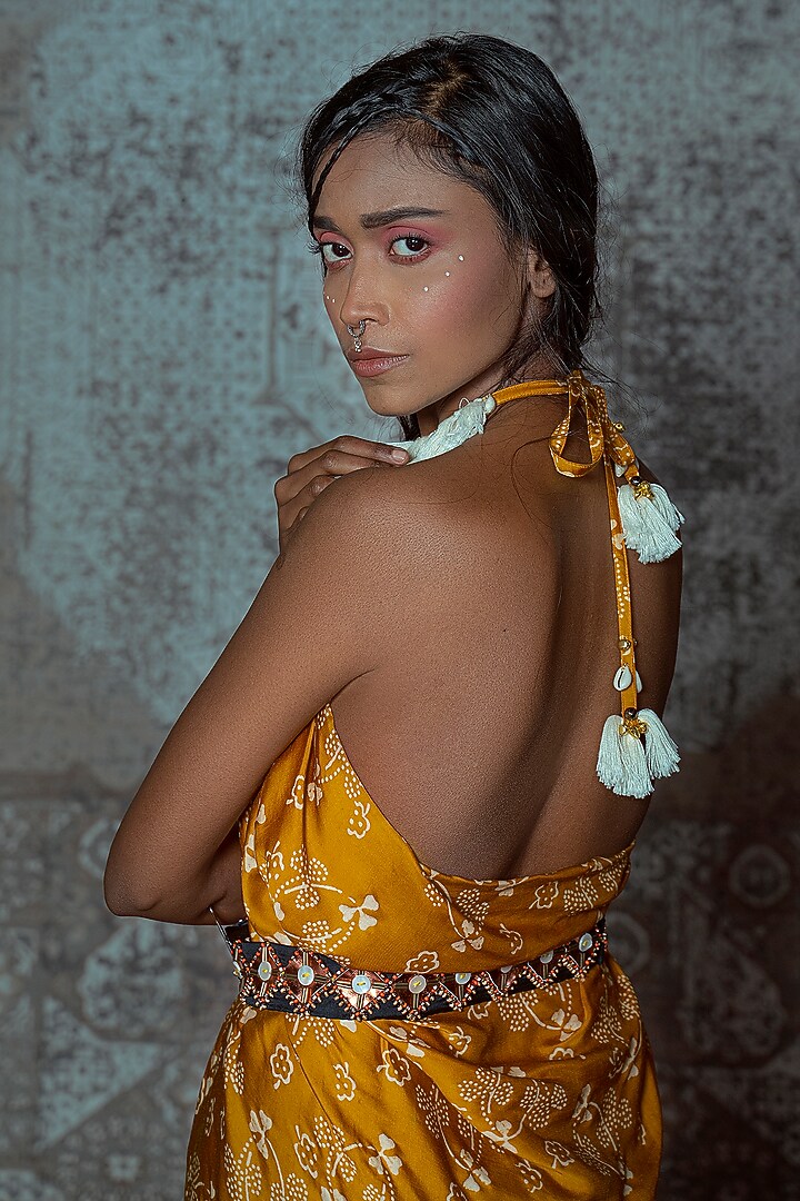 Yellow & Off-White Modal Ajrakh Block Printed Draped Summer Dress by Nidhika Shekhar at Pernia's Pop Up Shop