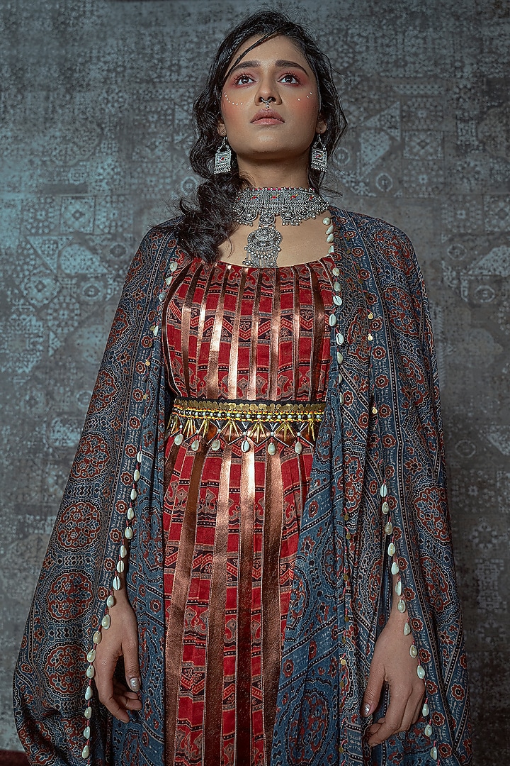 Red Chanderi Silk Pleated Jacket Cocktail Dress With Embroidered Belt by Nidhika Shekhar at Pernia's Pop Up Shop