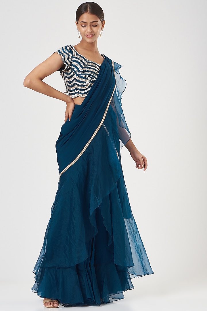 Cobalt Blue Crepe Ruffled Wedding Saree Set by Nidhika Shekhar at Pernia's Pop Up Shop