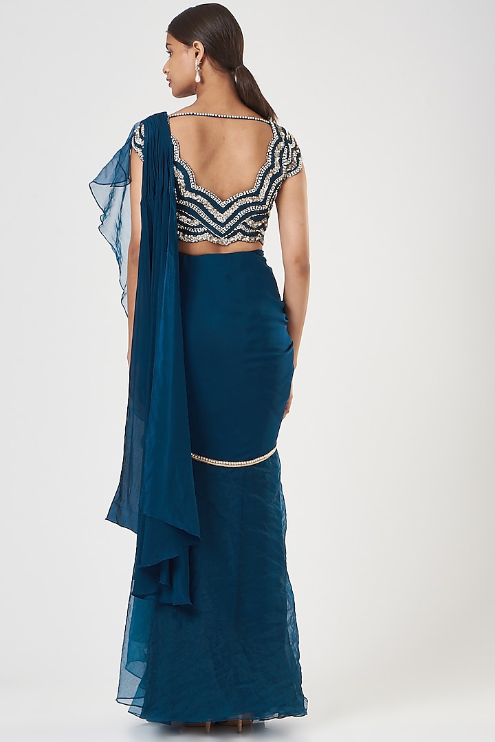 Cobalt Blue Crepe Ruffled Wedding Saree Set by Nidhika Shekhar at Pernia's Pop Up Shop