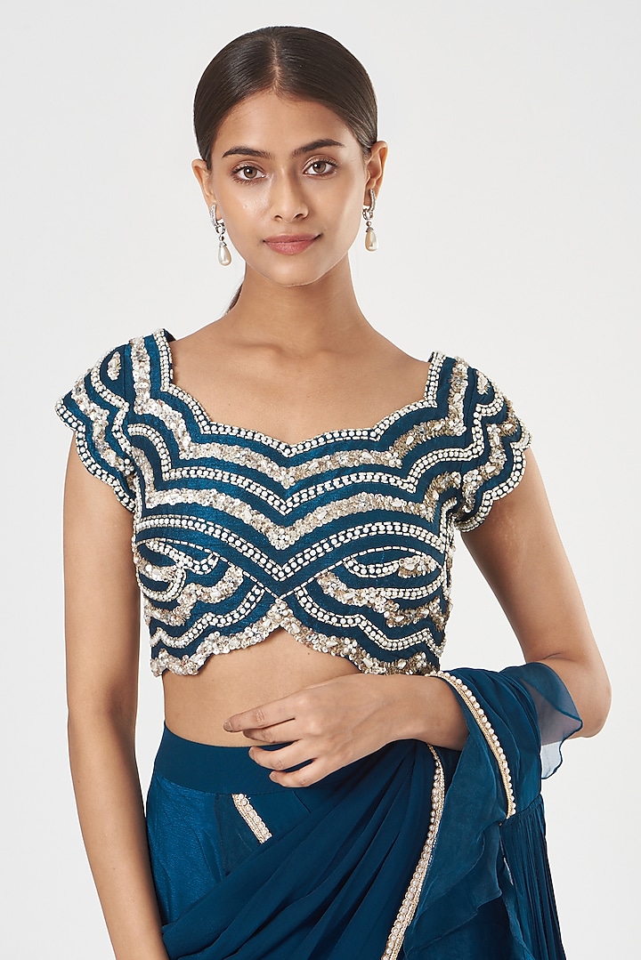 Cobalt Blue Crepe Ruffled Wedding Saree Set by Nidhika Shekhar at Pernia's Pop Up Shop