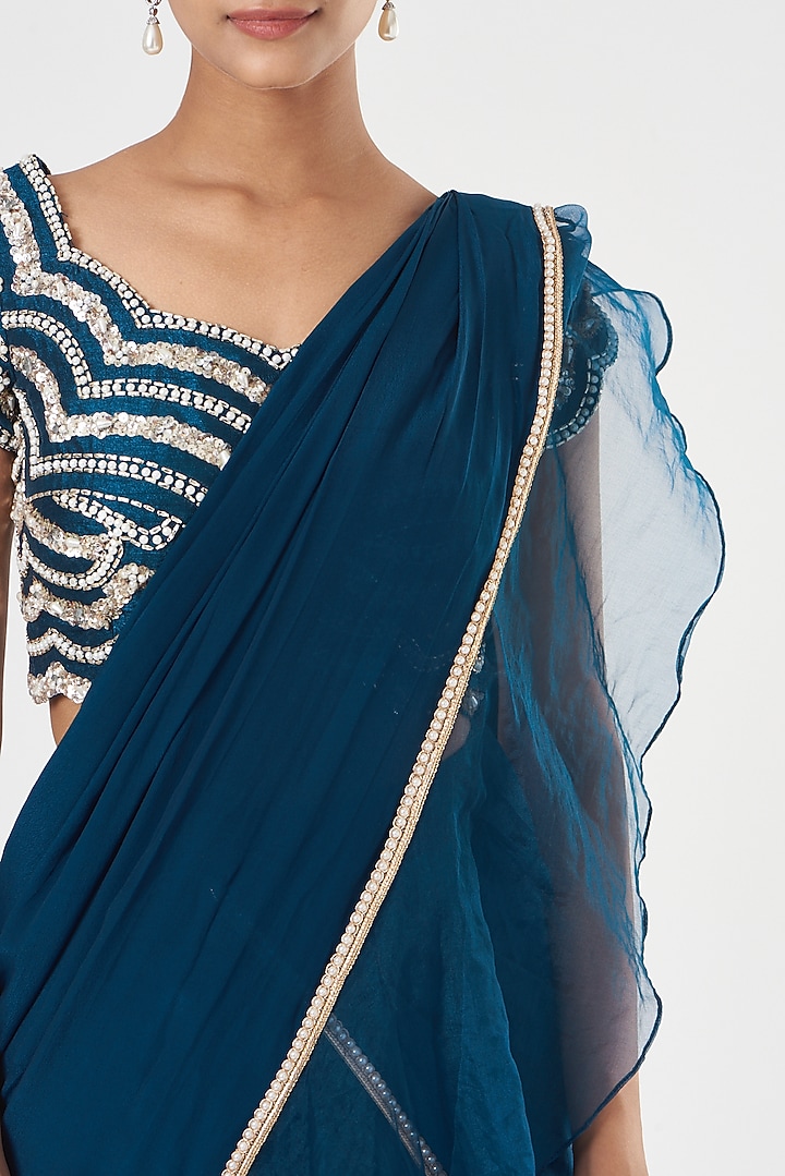 Cobalt Blue Crepe Ruffled Wedding Saree Set by Nidhika Shekhar at Pernia's Pop Up Shop