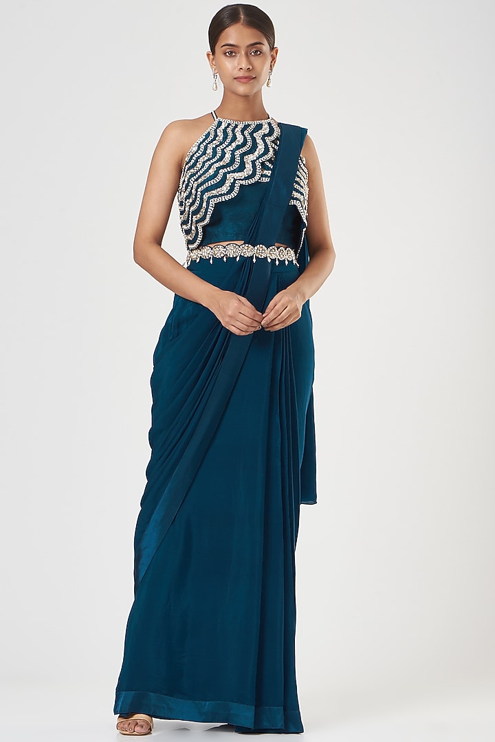 Cobalt Blue Crepe Wedding Saree Set by Nidhika Shekhar at Pernia's Pop Up Shop