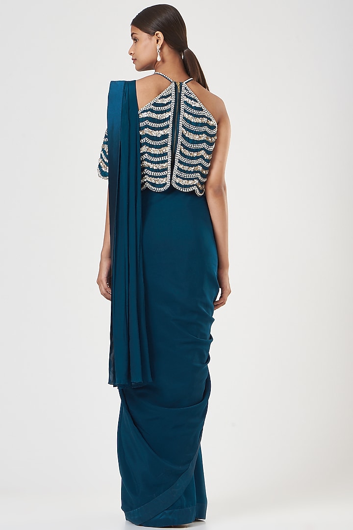 Cobalt Blue Crepe Wedding Saree Set by Nidhika Shekhar at Pernia's Pop Up Shop