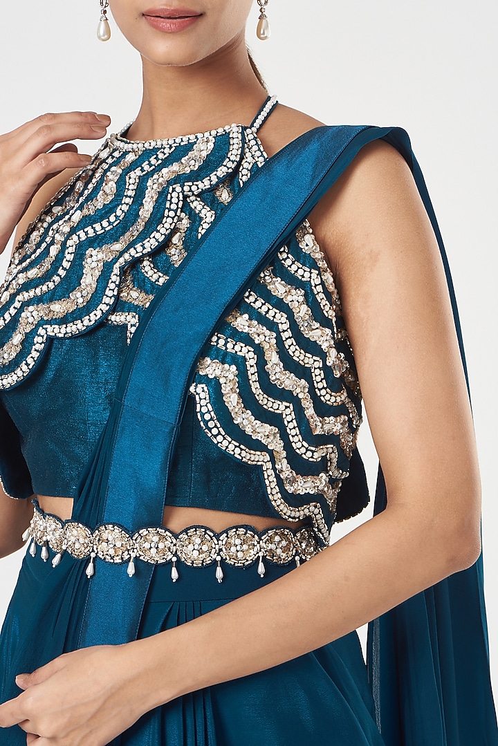 Cobalt Blue Crepe Wedding Saree Set by Nidhika Shekhar at Pernia's Pop Up Shop