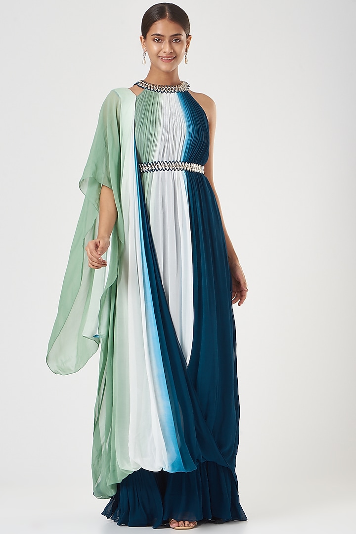 Cobalt Blue Embroidered Ombre Gown by Nidhika Shekhar at Pernia's Pop Up Shop