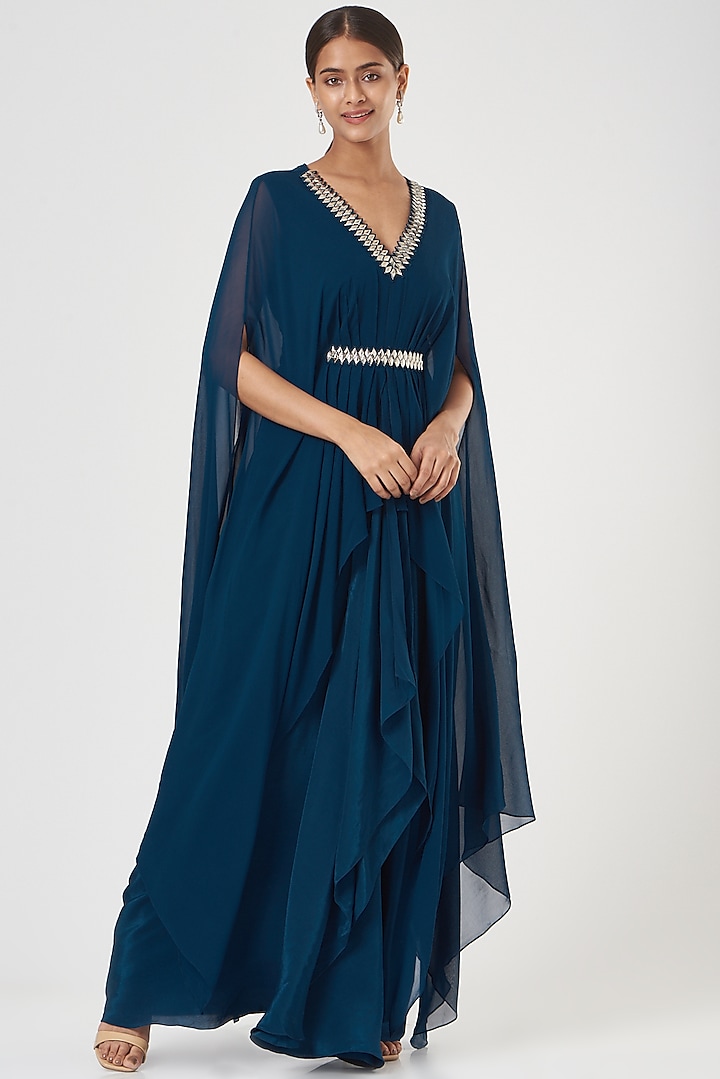 Cobalt Blue Embroidered Cape Gown by Nidhika Shekhar