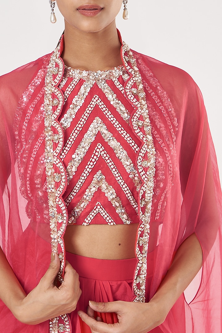 Fuchsia Georgette Embroidered Cape Set by Nidhika Shekhar at Pernia's Pop Up Shop