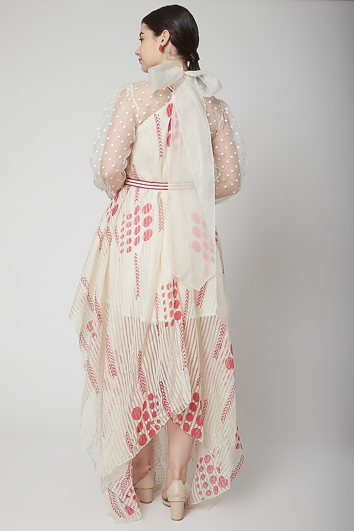White Printed Cocktail Dress With Blouse & Belt by Nidhika Shekhar at Pernia's Pop Up Shop