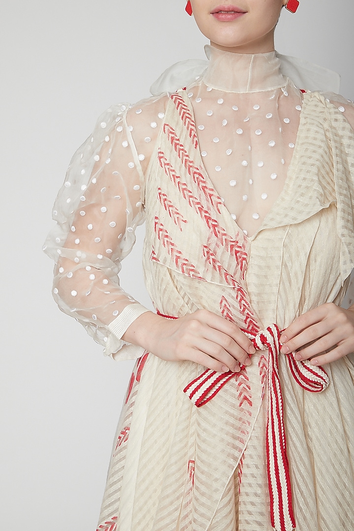 White Printed Cocktail Dress With Blouse & Belt by Nidhika Shekhar at Pernia's Pop Up Shop
