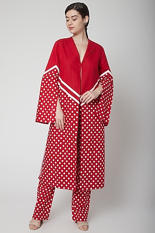 Red Polka Dot Printed Blazer Set by Nidhika Shekhar