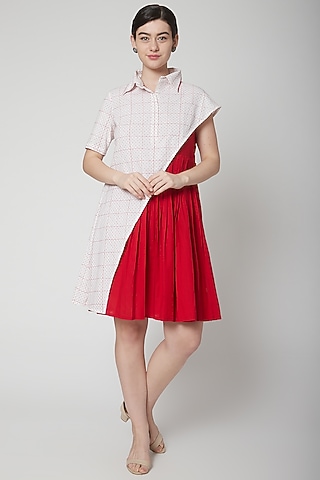 White & Red Cotton Polka Dot Printed Dress by Nidhika Shekhar