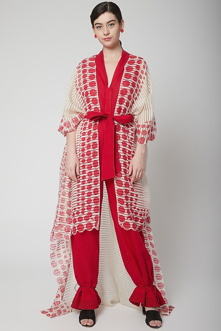Red Jumpsuit With Printed Cape & Belt by Nidhika Shekhar