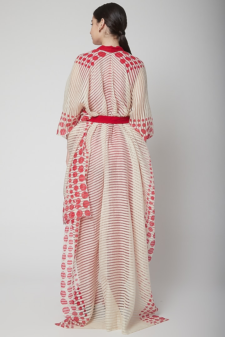 Red Jumpsuit With Printed Cape & Belt by Nidhika Shekhar at Pernia's Pop Up Shop