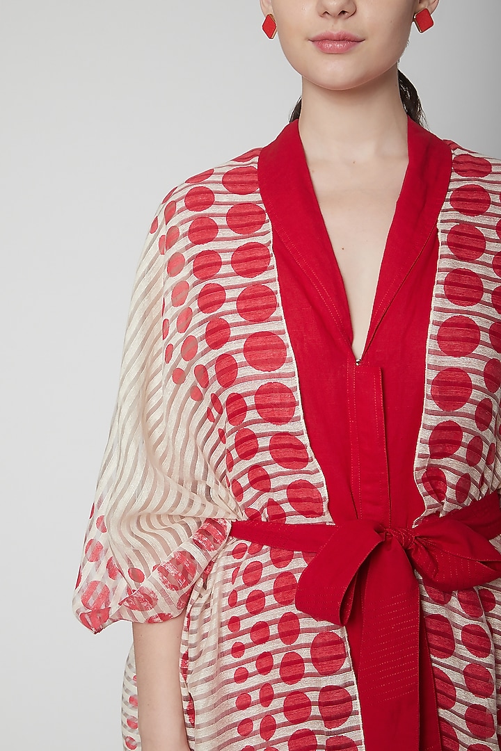 Red Jumpsuit With Printed Cape & Belt by Nidhika Shekhar at Pernia's Pop Up Shop