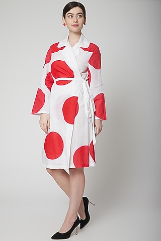 White Linen Polka Dot Block Printed Wrap Dress by Nidhika Shekhar