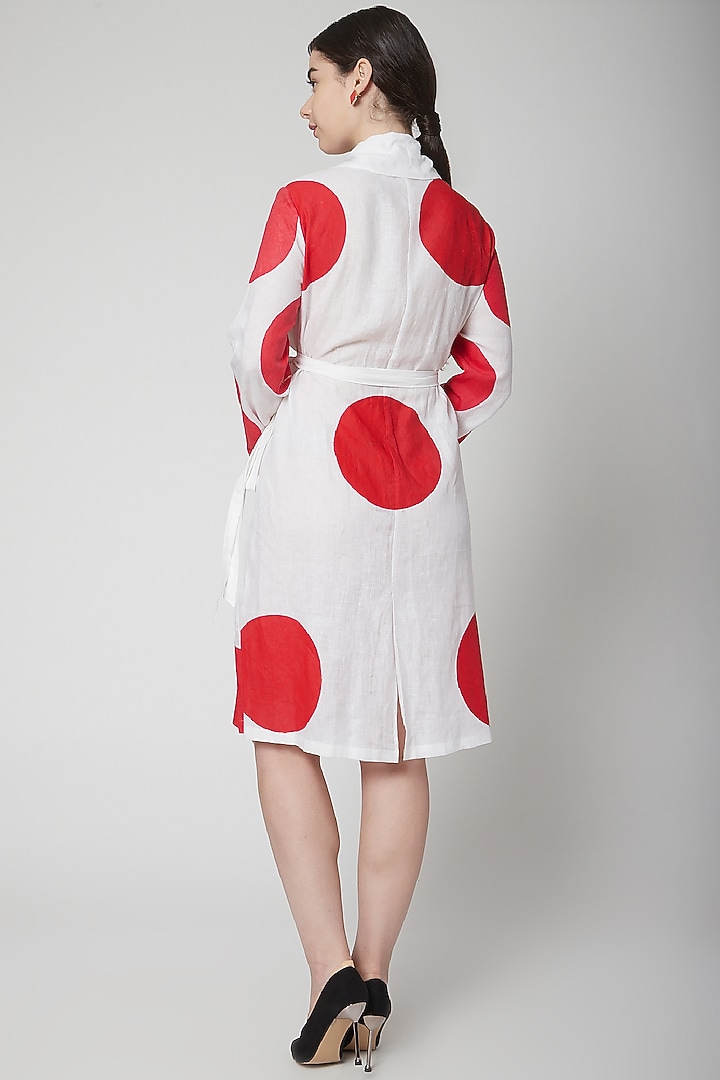 White Linen Polka Dot Block Printed Wrap Summer Dress by Nidhika Shekhar at Pernia's Pop Up Shop