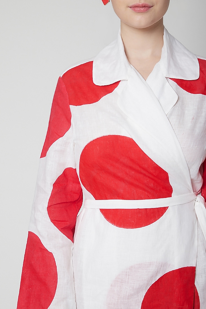 White Linen Polka Dot Block Printed Wrap Summer Dress by Nidhika Shekhar at Pernia's Pop Up Shop