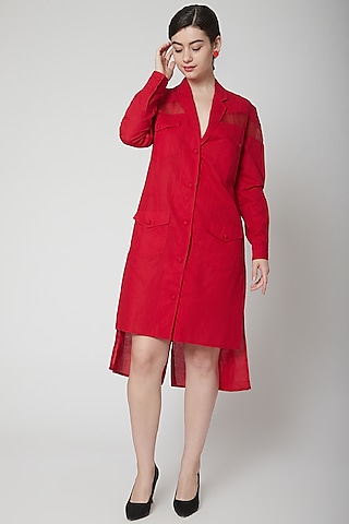 Red Cotton Linen Mini Blazer Dress by Nidhika Shekhar