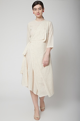 Beige Handwoven Cotton Striped Midi Dress by Nidhika Shekhar