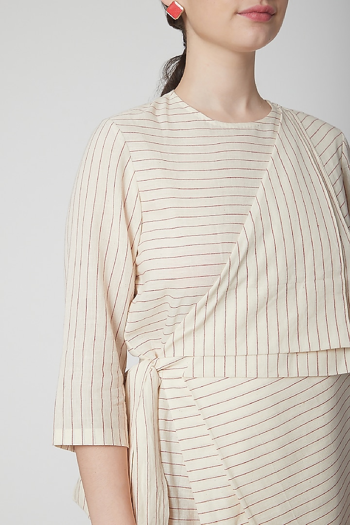 Beige Handwoven Cotton Striped Midi Summer Dress by Nidhika Shekhar at Pernia's Pop Up Shop