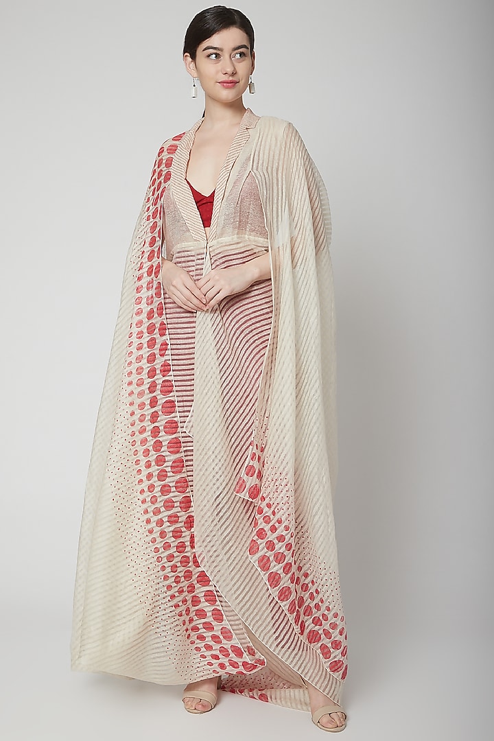 Beige Printed Dress With Crop Top & Pants by Nidhika Shekhar