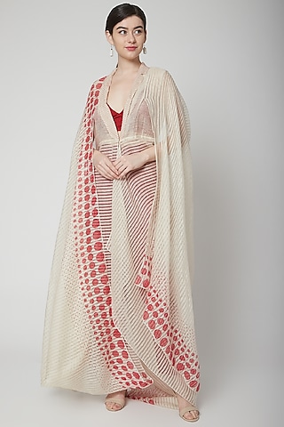 Beige Printed Cape Dress With Crop Top & Pants by Nidhika Shekhar
