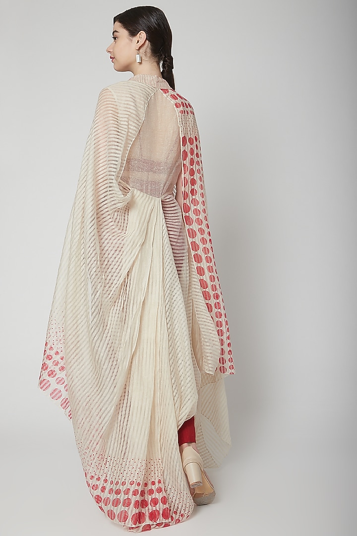 Beige Printed Cape Vacation Dress With Crop Top & Pants by Nidhika Shekhar at Pernia's Pop Up Shop