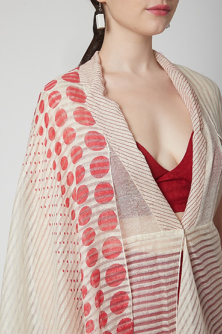 Beige Printed Cape Vacation Dress With Crop Top & Pants by Nidhika Shekhar at Pernia's Pop Up Shop