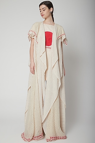 Beige Organza khadi Block Printed Jacket Dress by Nidhika Shekhar