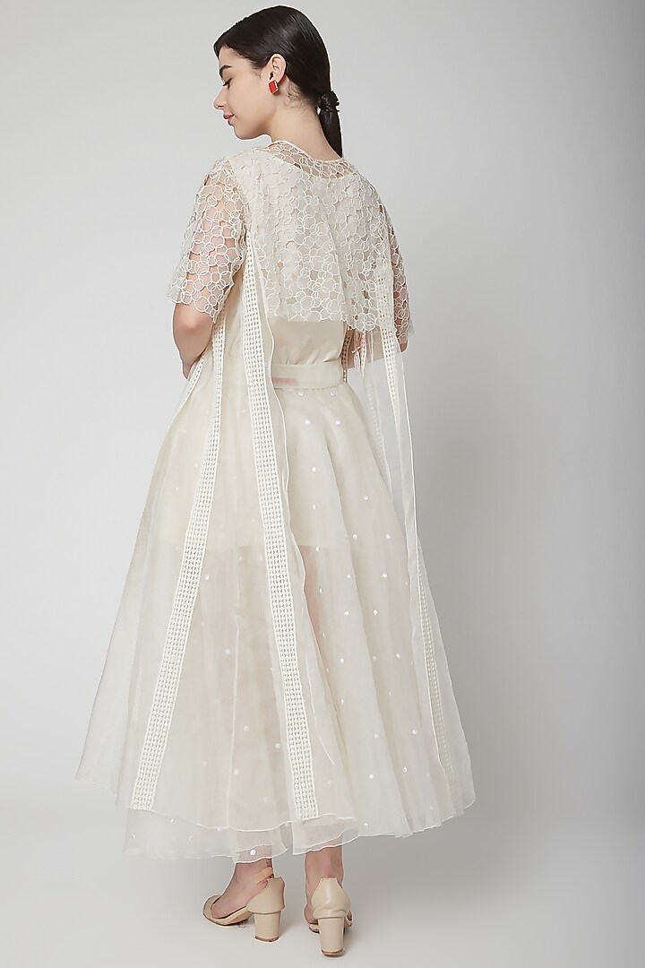 White Embroidered Cape With Skirt by Nidhika Shekhar at Pernia's Pop Up Shop