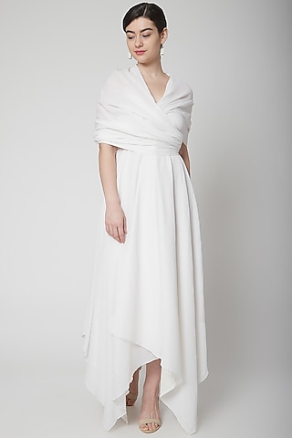 White Crinkle Cotton Asymmetric Wrap Dress by Nidhika Shekhar