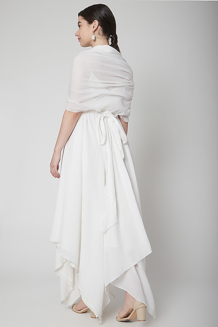 White Crinkle Cotton Asymmetric Wrap Vacation Dress by Nidhika Shekhar at Pernia's Pop Up Shop