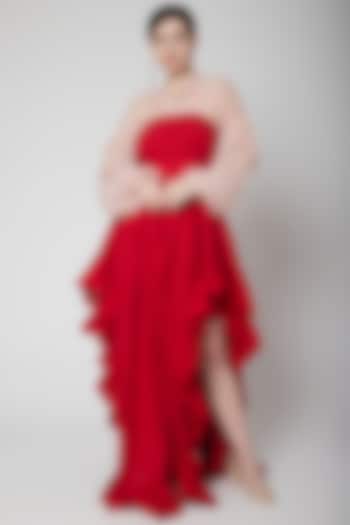 Red Cotton Linen Asymmetric Vacation Dress by Nidhika Shekhar at Pernia's Pop Up Shop