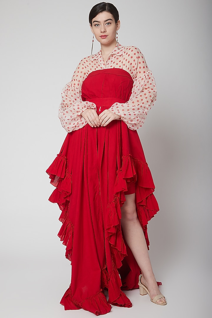 Red Cotton Linen Asymmetric Vacation Dress by Nidhika Shekhar at Pernia's Pop Up Shop