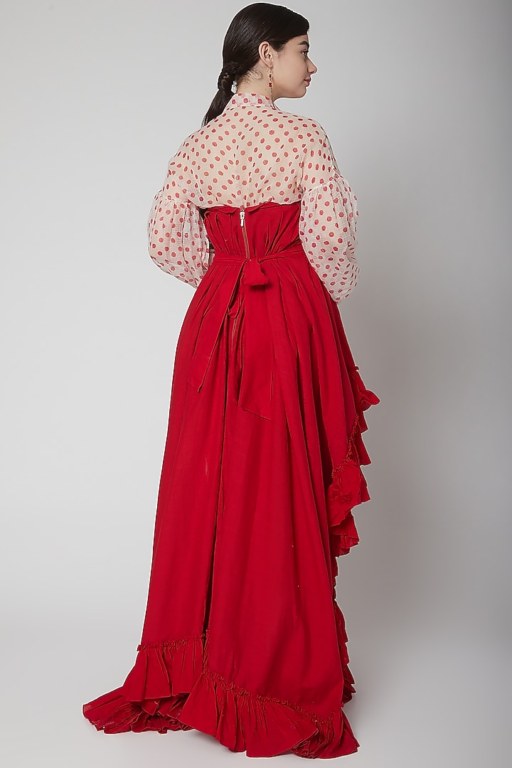 Red Cotton Linen Asymmetric Vacation Dress by Nidhika Shekhar at Pernia's Pop Up Shop