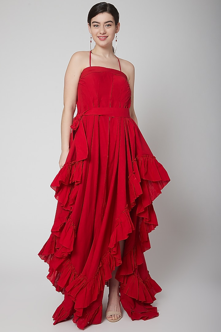 Red Cotton Linen Asymmetric Vacation Dress by Nidhika Shekhar at Pernia's Pop Up Shop