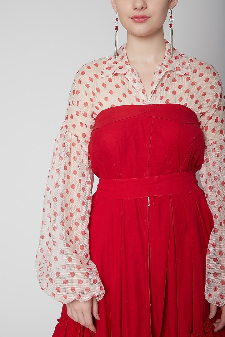 Red Cotton Linen Asymmetric Vacation Dress by Nidhika Shekhar at Pernia's Pop Up Shop