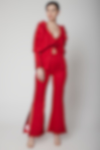 Red Draped Blazer Set by Nidhika Shekhar