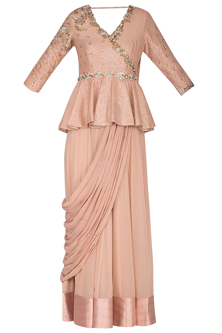 Blush Pink Embroidered Peplum Saree Gown by Nidhika Shekhar