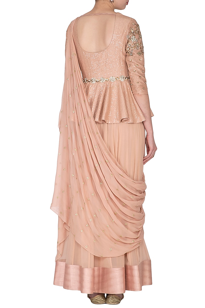 Blush Pink Embroidered Peplum Wedding Saree Gown by Nidhika Shekhar at Pernia's Pop Up Shop