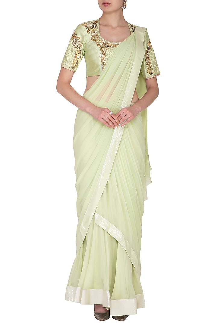 Mint Green Georgette Embroidered Ruffled Party Wear Saree Set by Nidhika Shekhar at Pernia's Pop Up Shop